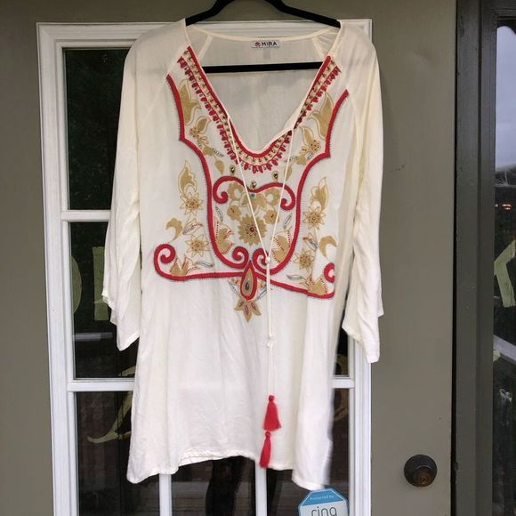 Anthropologie Mira Beige Bohemian Red Embroidered Tunic Rayon Blouse, Sz Medium - Picture 1 of 7
